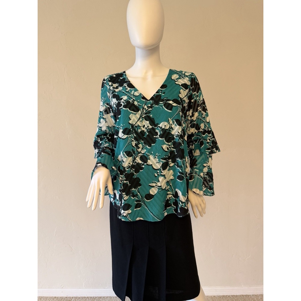Calvin Klein Women's Floral Blouse Teal Ruffle V-Neck Long‎ Sleeve S